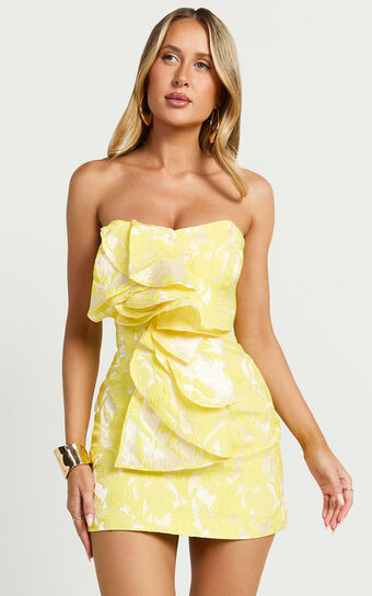 Amalie The Label - Frederika Strapless Ruffle Detail Jacquard Mini Dress in Yellow | Showpo (US, UK & Europe)
