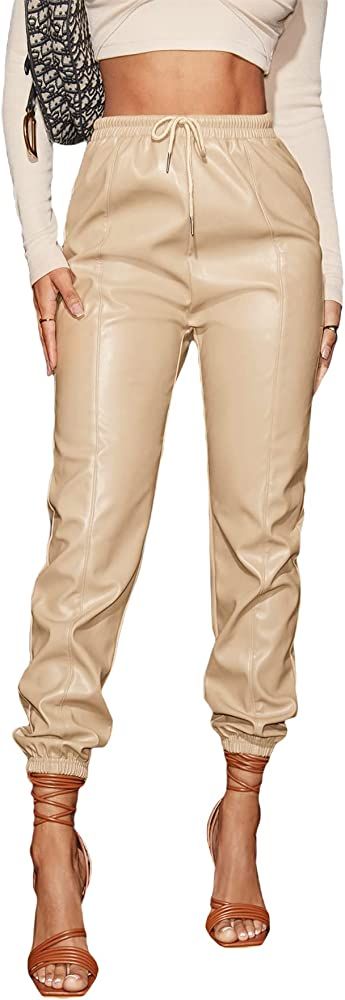 Floerns Women's Drawstring High Waisted Cropped Tapered Pu Leather Pants | Amazon (US)