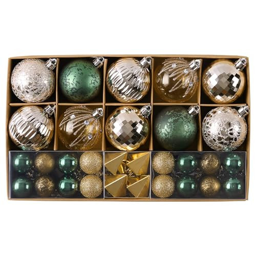 DecorbyHannah 50ct Christmas Ornaments Set, Green Gold Christmas Tree Ornaments Decorations, Assorted Shatterproof Decorative Hanging Ball Ornaments for Small Tree, Home Party Decor (30mm+60mm) | Amazon (US)