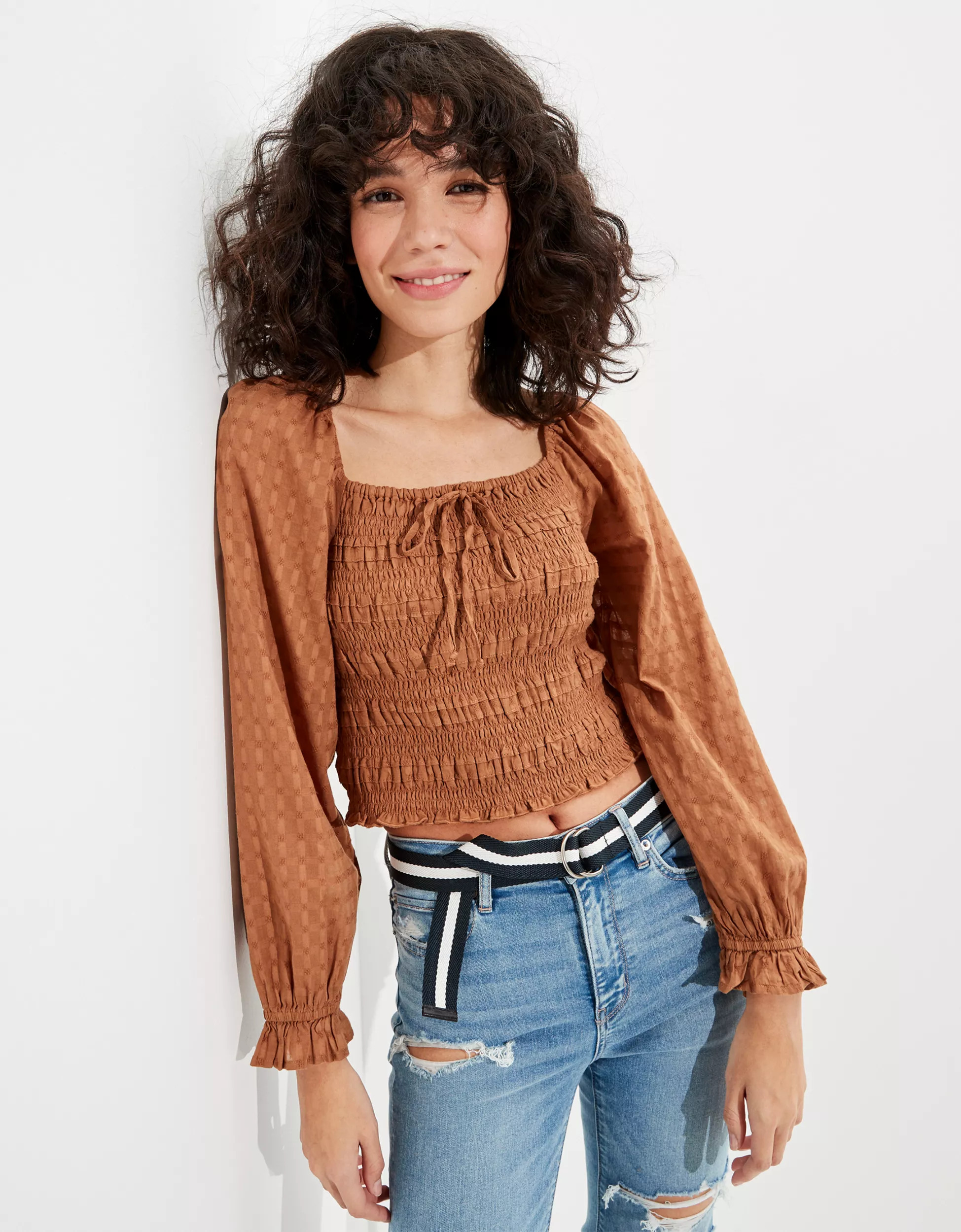 AE Smocked Puff-Sleeve Square Neck Blouse | American Eagle Outfitters (US & CA)