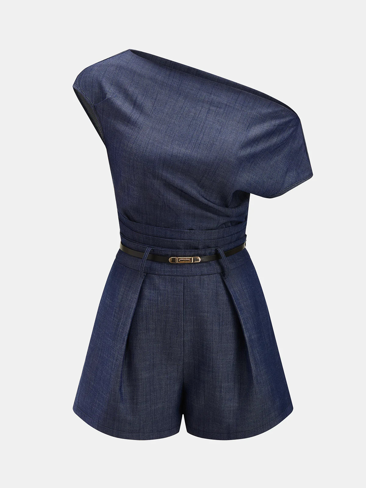 Asymmetric Off-Shoulder Belted Denim Romper | Commense