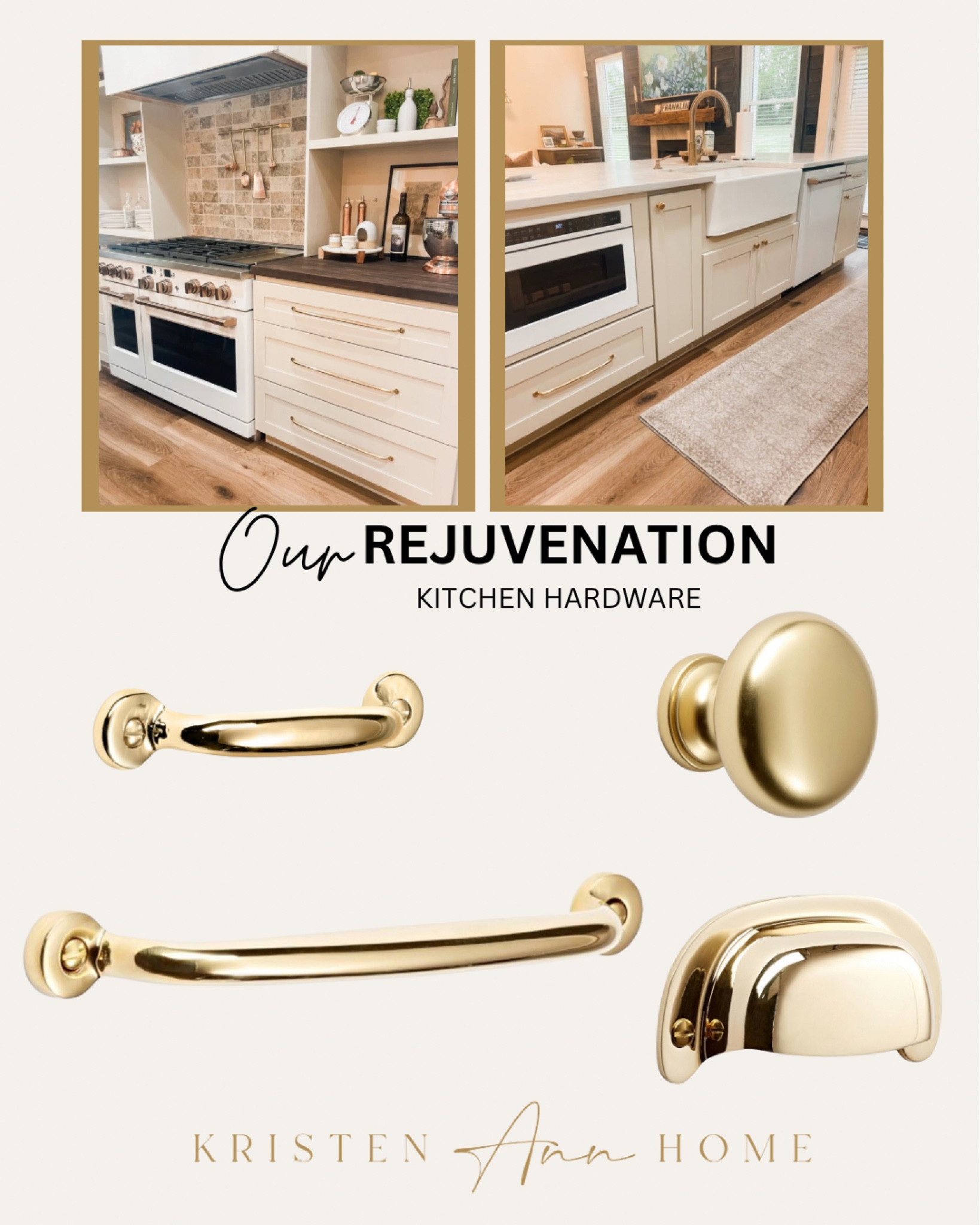 We used the Rejuvenation Massey kitchen hardware in unlacquered brass in our kitchen and I LOVE them. They offer them in many finishes but the natural patina that an unlacquered brass leaves is so beautiful to me. I love the versatility of the sizes and shapes you can use. 

#LTKU #LTKHome #LTKStyleTip