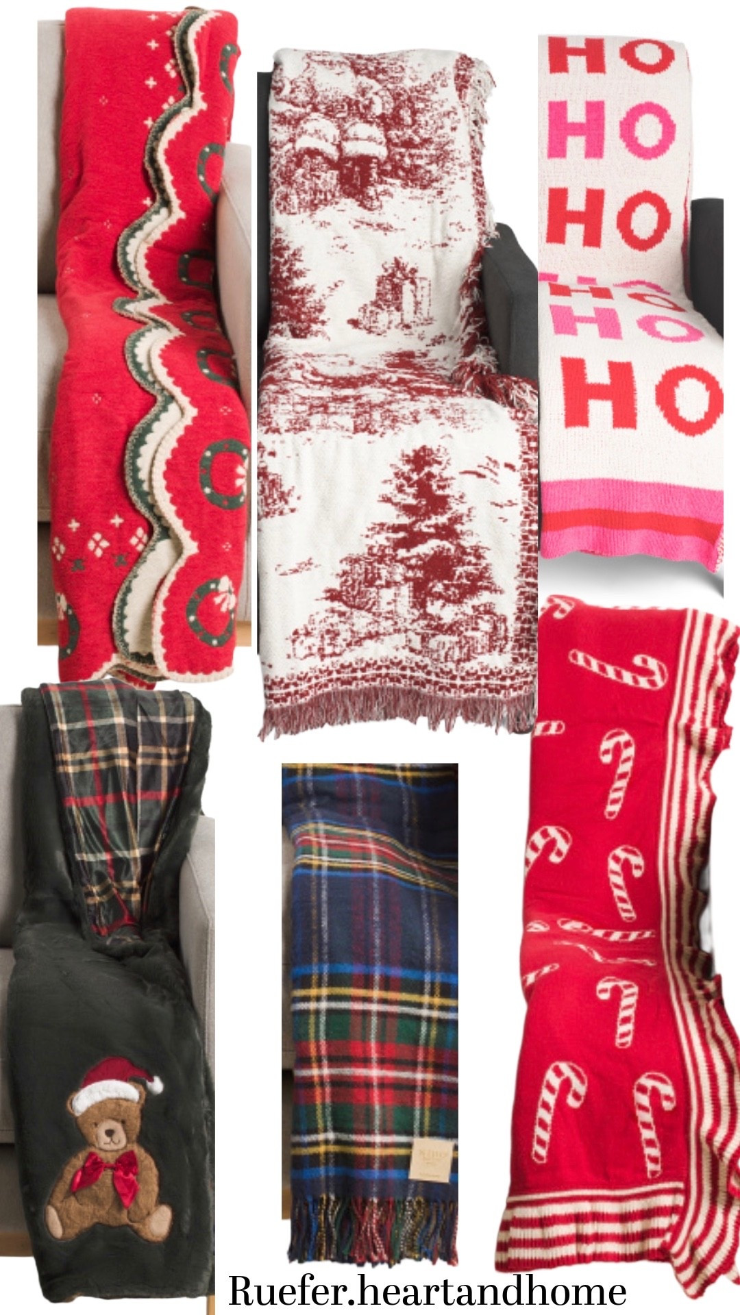Cute Christmas and Holiday throw blankets. TJ Maxx and Marshall’s are great places to find fun Holiday bedding.