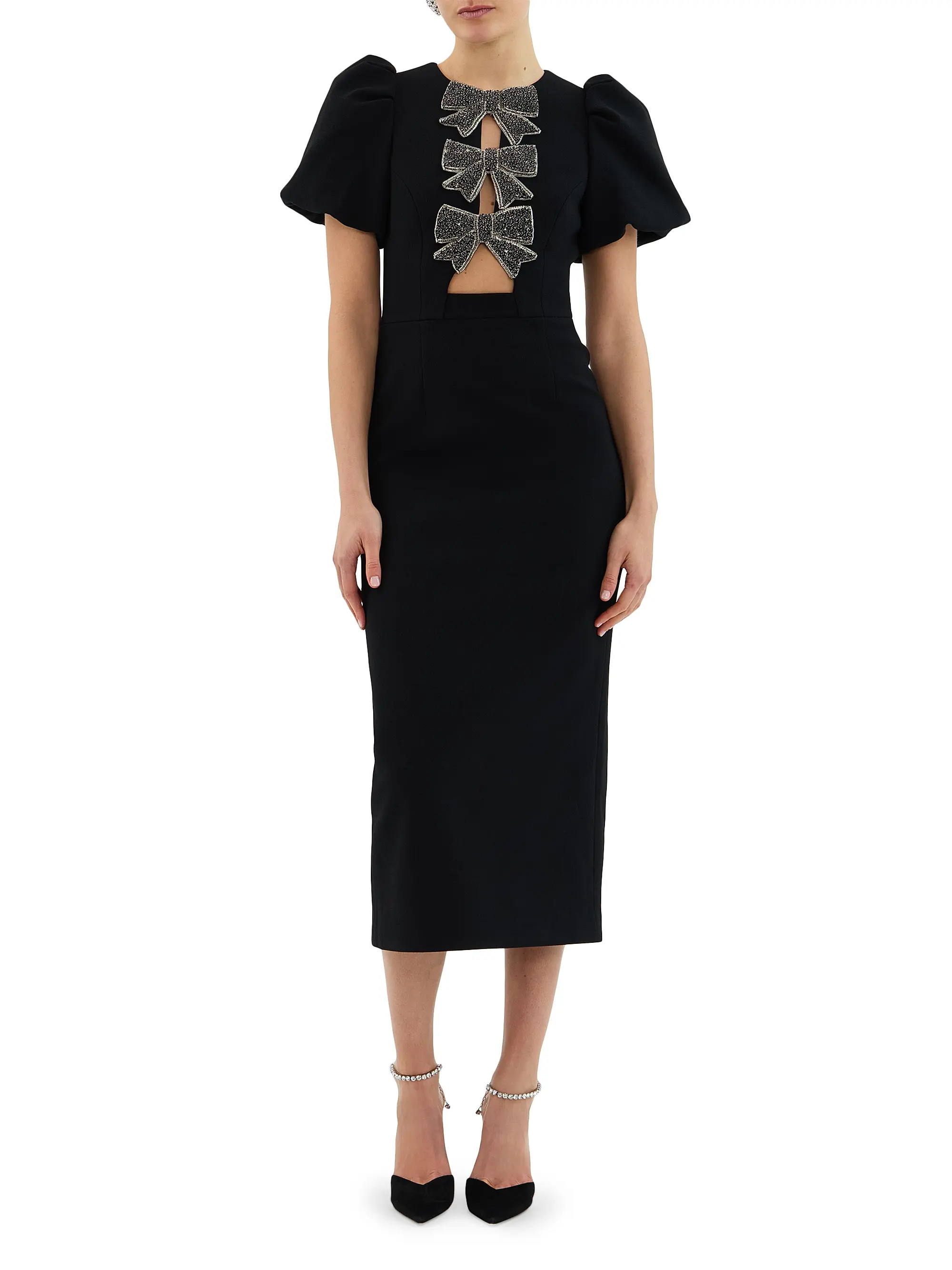 Rebecca Vallance Eliana Crystal-Embellished Velvet Puff-Sleeve Midi-Dress | Saks Fifth Avenue | Saks Fifth Avenue