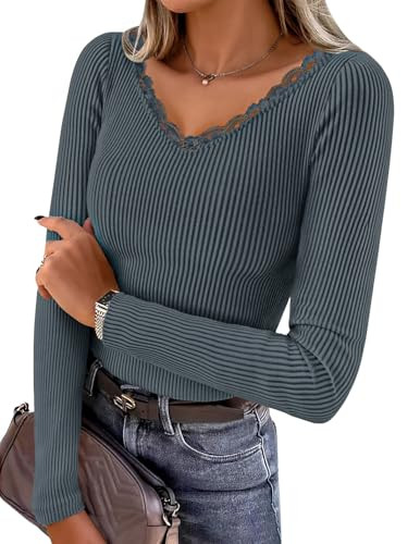 ZESICA Women's Long Sleeve Lace V Neck Fall Shirts Slim Fit Going Out Tops Ribbed Knit Dressy Bus... | Amazon (US)