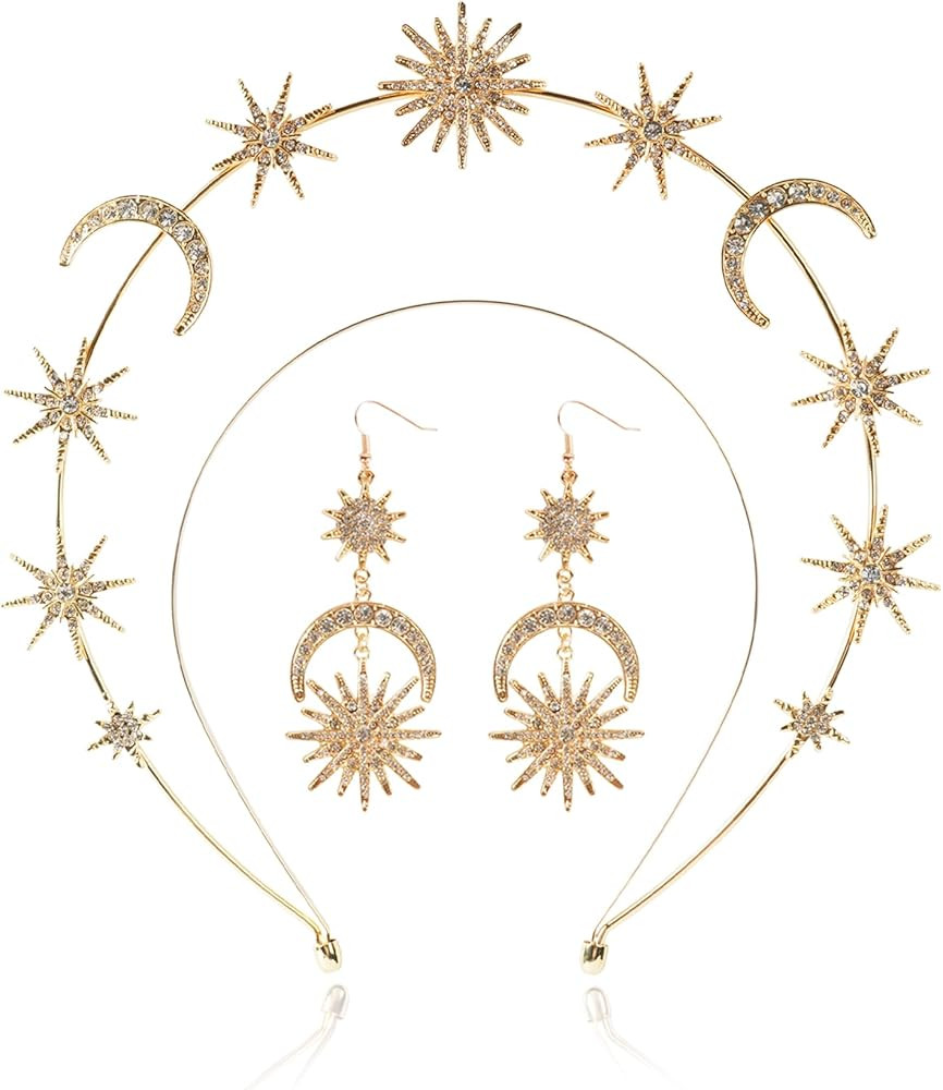 Halo Crown - Stars Crystal Goddess HeadBand with Earrings Mary Metal Halo Headpiece Celestial Cro... | Amazon (US)
