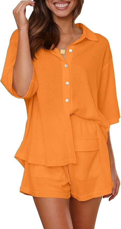 Women's Summer 2 Piece Outfits Button Down Shirt Casual Lounge Shorts Sets with Pockets | Amazon (US)