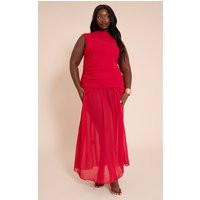 Plus Red Chiffon Ruched Dropped Waist Sleeveless Maxi Dress | PrettyLittleThing US