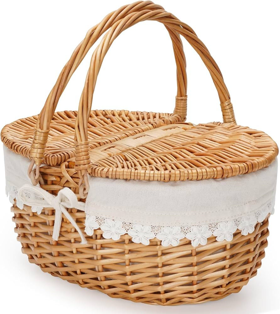 Zormy 12" Light Picnic Basket - Small Wicker Basket with Handle Lid & Removable Lining, Cute Toy ... | Amazon (US)