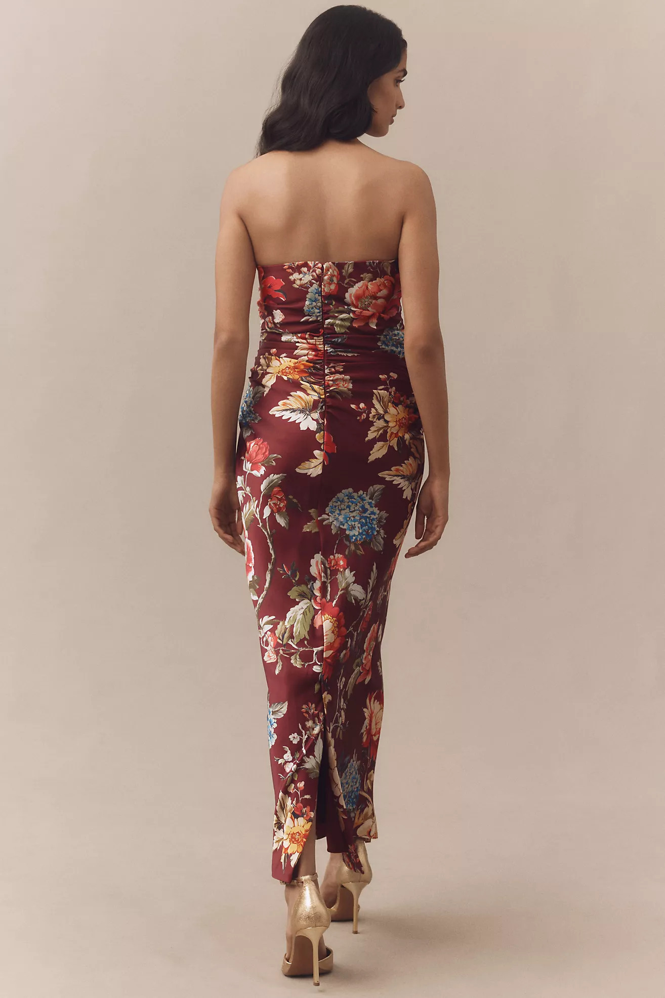 BHLDN Strapless Ruched Floral Stretch Satin Midi Dress | Anthropologie (US)