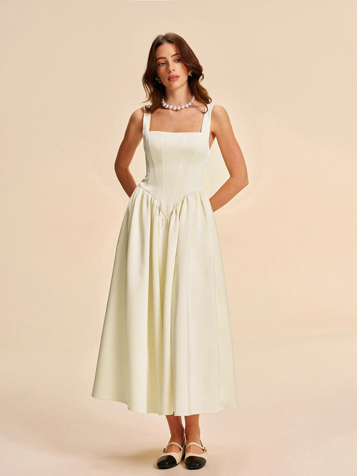Square Neck Pleated Dress | Commense