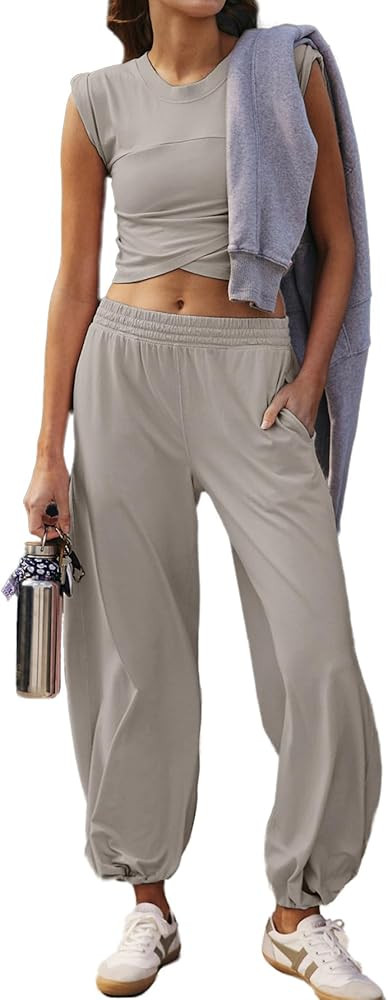 Glamaker Women's Two Piece Athletic Sets Casual Workout Sleeveless Cropped Tops High Sweatpants J... | Amazon (US)