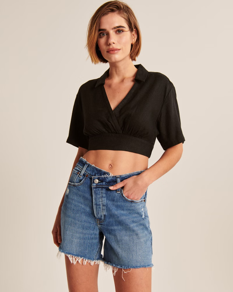 Short-Sleeve Wrap Front Linen-Blend Top | Abercrombie & Fitch (US)