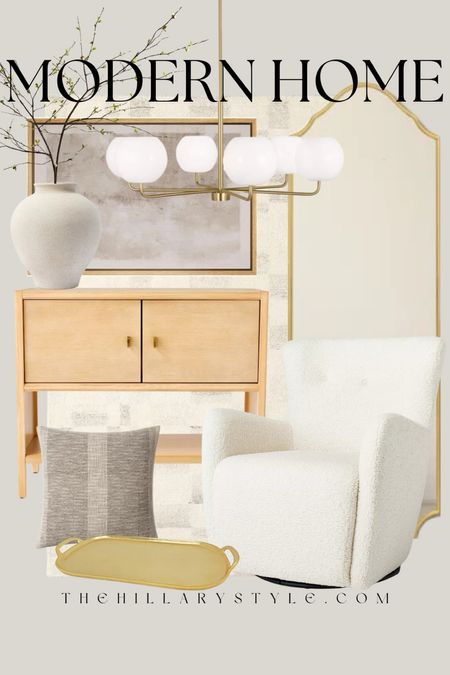 Modern Home: Home decor and furniture finds for the modern organic home. White circle accent chair, swivel chair, wood cabinet, neutral area rug, floor length gold mirror, gold chandelier, framed neutral wall art, ceramic vase, faux branches, accent pillow, gold tray. Target, Wayfair, All Modern, west elm, McGee & Co.

#LTKHome #LTKSeasonal #LTKStyleTip