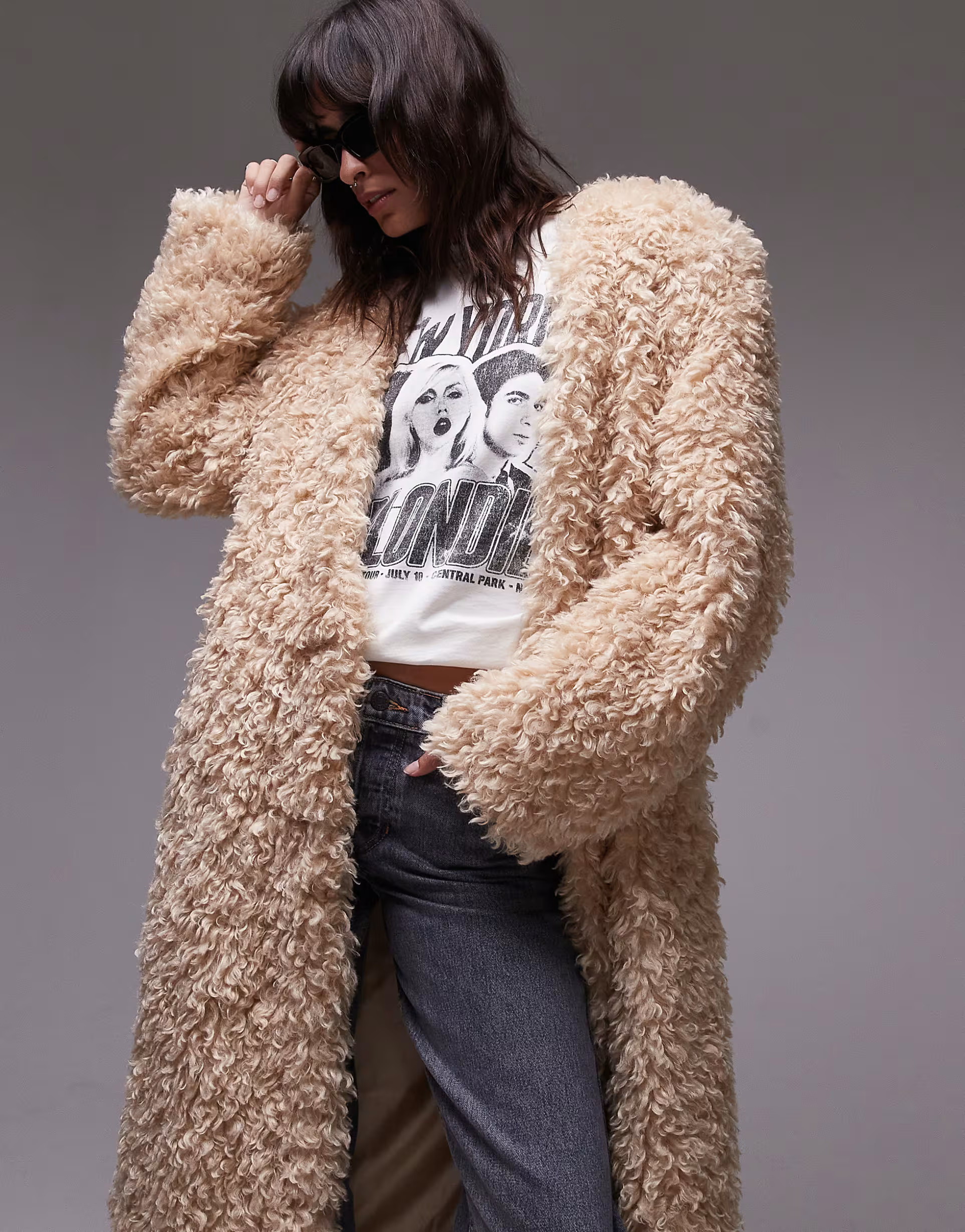 Topshop faux fur collarless long coat in honey | ASOS | ASOS (Global)