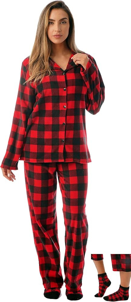#followme Printed Microfleece Button Front PJ Pant Set with Socks | Amazon (US)