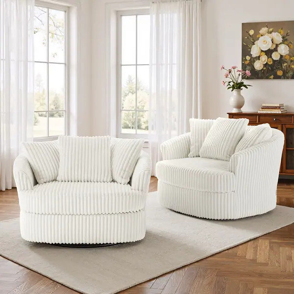 2 Set Oversized 43" W Plush Corduroy Swivel Barrel Chair with Pillows - Bed Bath & Beyond - 42893... | Bed Bath & Beyond