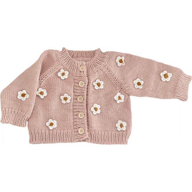 Hand-Crocheted Flower Buttoned Cardigan, Blush & White | Maisonette