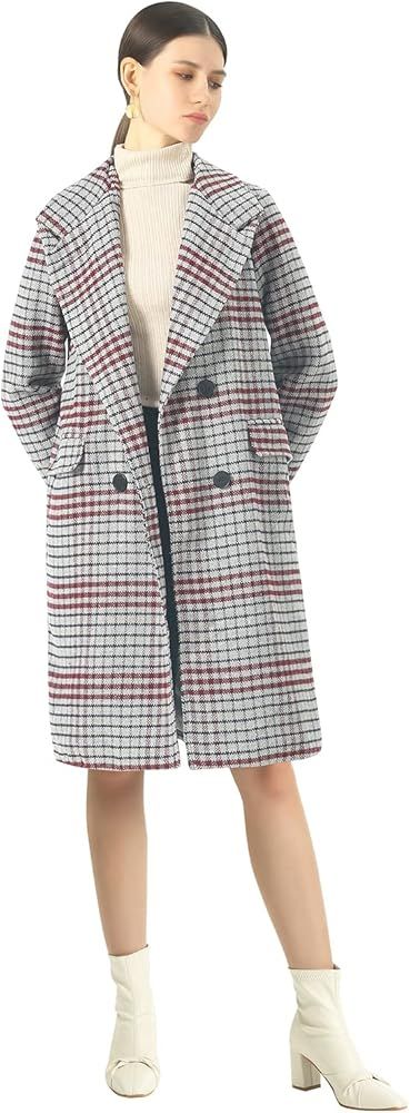 Chartou Women's Winter Oversize Lapel Collar Woolen Plaid Double Breasted Long Peacoat Jacket | Amazon (US)