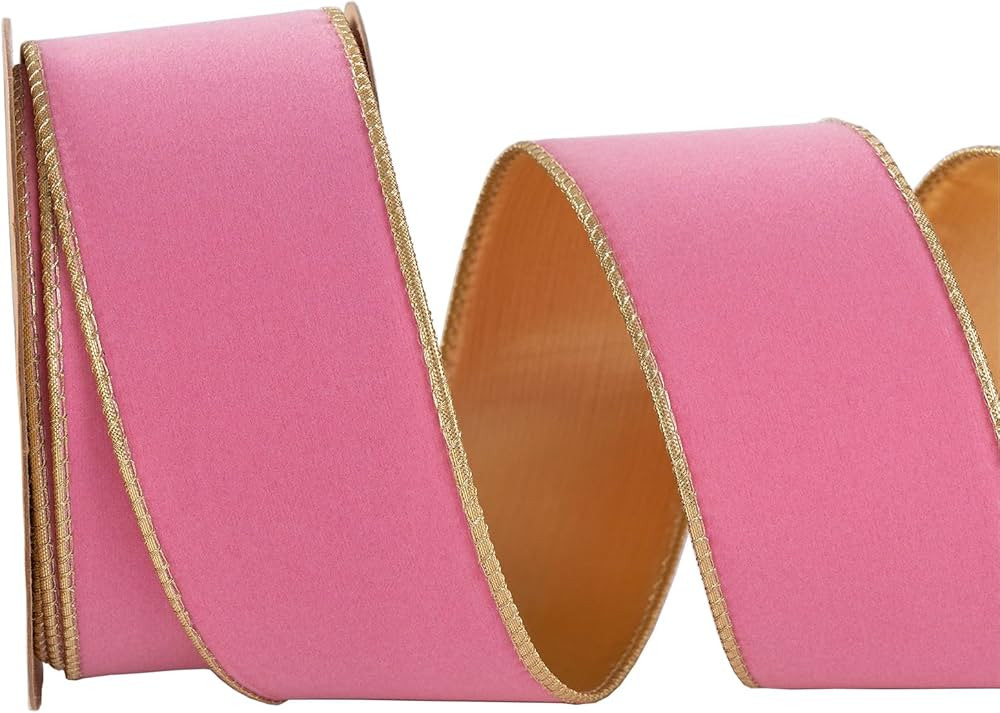 Pink Velvet Wired Ribbon 2.5inch Wide*10Yards Christmas Pink and Gold Double Sided Velvet Ribbon ... | Amazon (US)