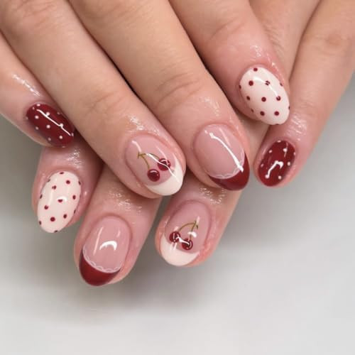 Short Oval Press on Nails Cherry Polka Dot French Tip False Nails 24Pcs | Reusable, Glossy,Burgun... | Amazon (US)