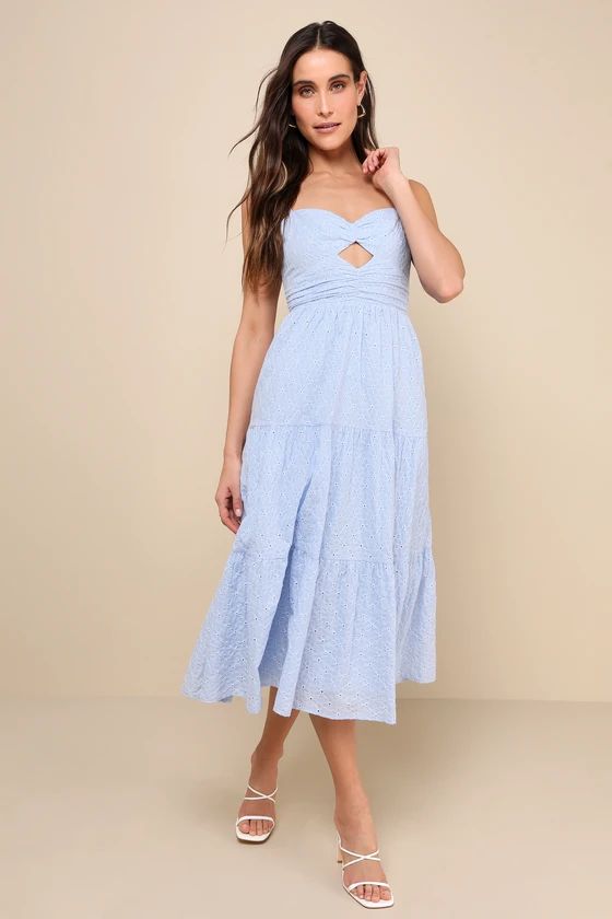 Perfect Attitude Light Blue Floral Embroidered Tiered Midi Dress | Lulus