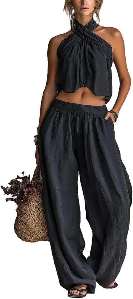 Two Piece Lounge Sets for Women Halter Neck Crop Top and Wide Leg Pants Vacation Beach Travel Air... | Amazon (US)