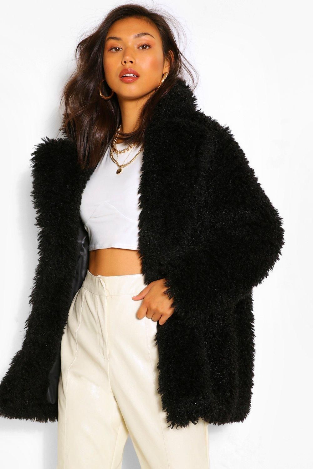 Womens Textured Teddy Faux Fur Coat - Black - 10 | Boohoo.com (US & CA)