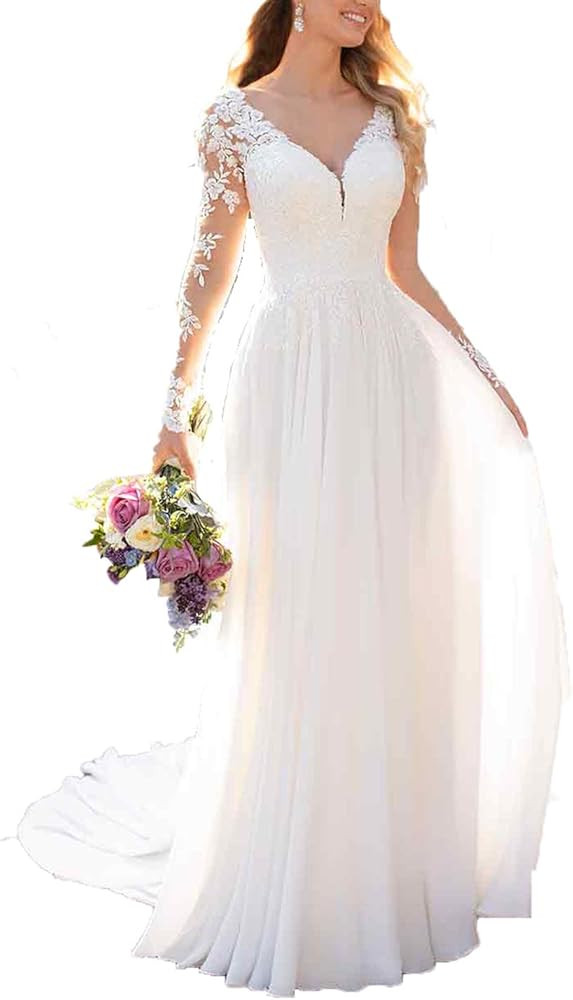 Findlovewedding Wedding Dresses for Bride with Lace Appliques Chiffon A Line Women Dress Long Sle... | Amazon (US)