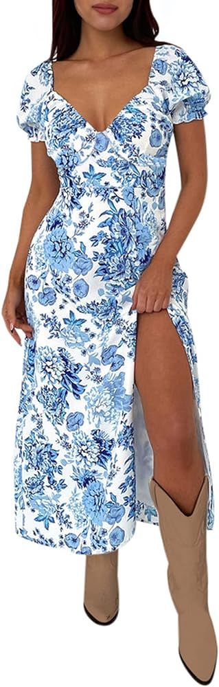 AIMCOO Womens Sweetheart V Neck Floral Midi Dress Short Puff Sleeve Side Split Smocked Back Casua... | Amazon (US)