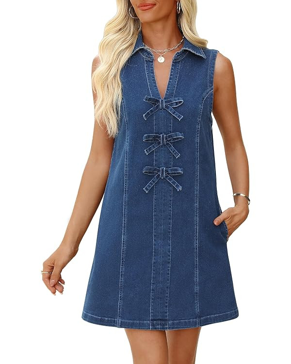 Denim Dress for Women Sleeveless Jean Dress V Neck A Line Bow Tie Front Casual Mini Dresses with ... | Amazon (US)
