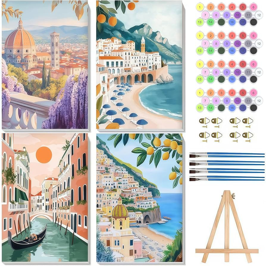 4 Pack Framed Scenery Paint by Numbers Kits for Adults with Easel (8x12in) | Amazon (US)