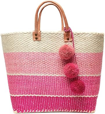 Mar Y Sol Samana Ombre Stripe Sisal Market Tote Straw XL Beach Bag w Pom Pom | Amazon (US)