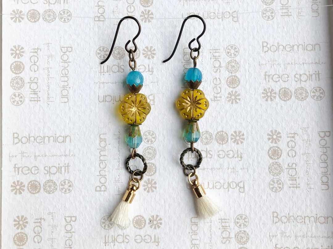 Bohemian Style tassel Earrings, aqua and yellow earrings, festival earrings, hippie jewelry, flow... | Etsy (US)