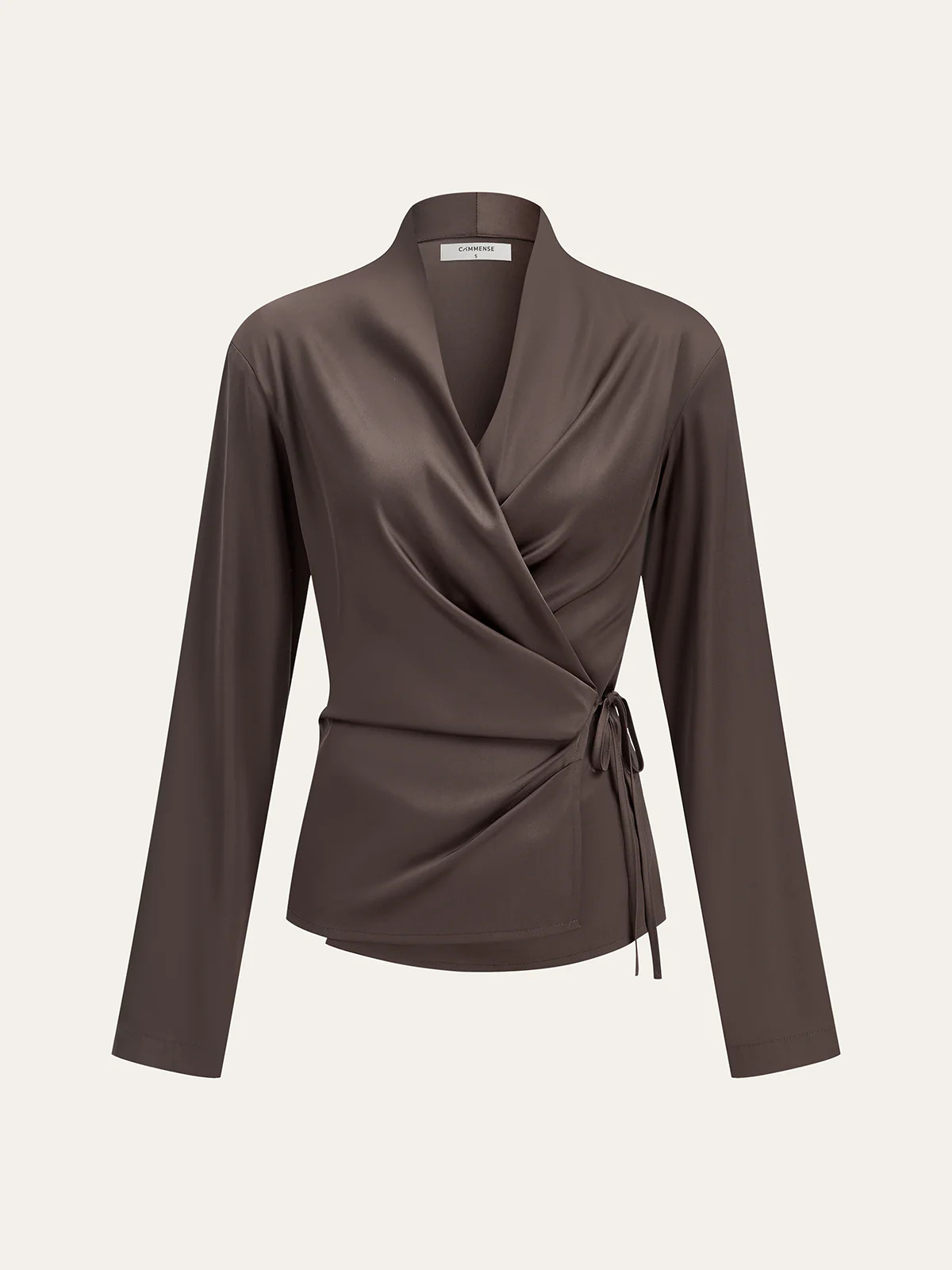 Satin Wrap-Front Long-Sleeve Top | Commense