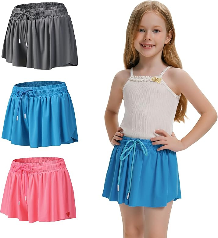 3 Pack Girls Flowy Shorts with Spandex Liner 2 in 1 Youth Junior Butterfly Skirts for Fitness Run... | Amazon (US)