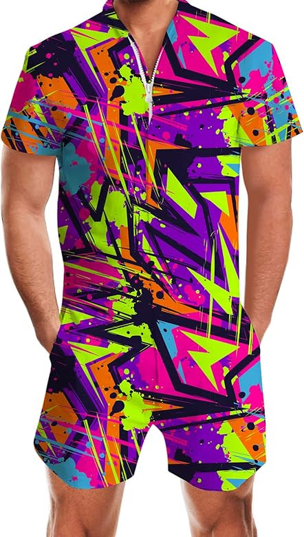 RAISEVERN Men's Rompers Male Zipper Jumpsuit Shorts One Piece Romper Bro Short Sleeve Shirt Outfi... | Amazon (US)