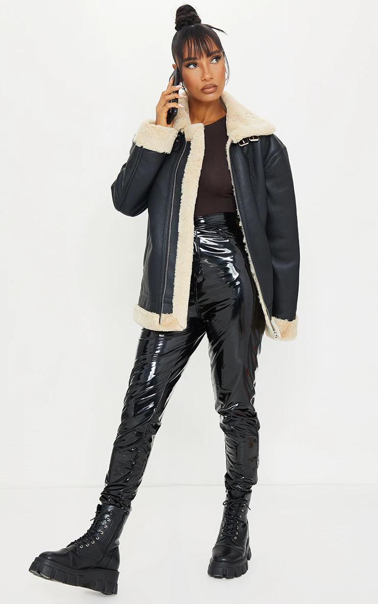 Black Faux Leather Oversized Plush Faux Fur Lined Aviator Jacket | PrettyLittleThing US