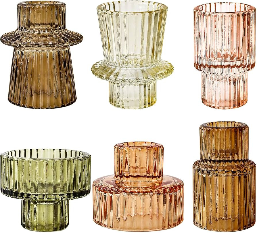 Brown Candlestick Holders 6PCS for Tealight Candle Stick Candles, Ribbed Glass Taper Candle Holde... | Amazon (US)