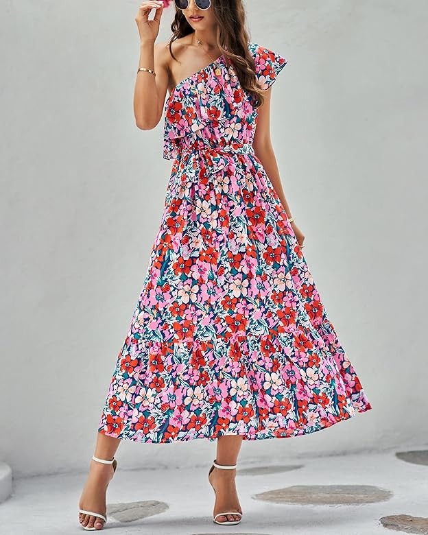 NOLLSOM Casual Women Summer Dresses 2023 One Shoulder Maxi Dress Sleeveless Ruffle Layered Boho Flor | Amazon (US)