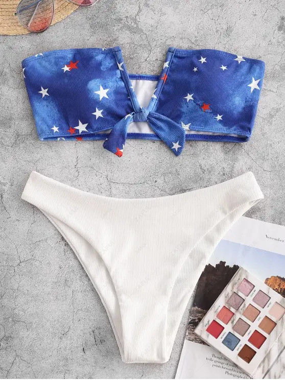ZAFUL American Flag Ribbed Tied V Wired Bandeau Bikini Swimwear   MULTI-A | ZAFUL (Global)