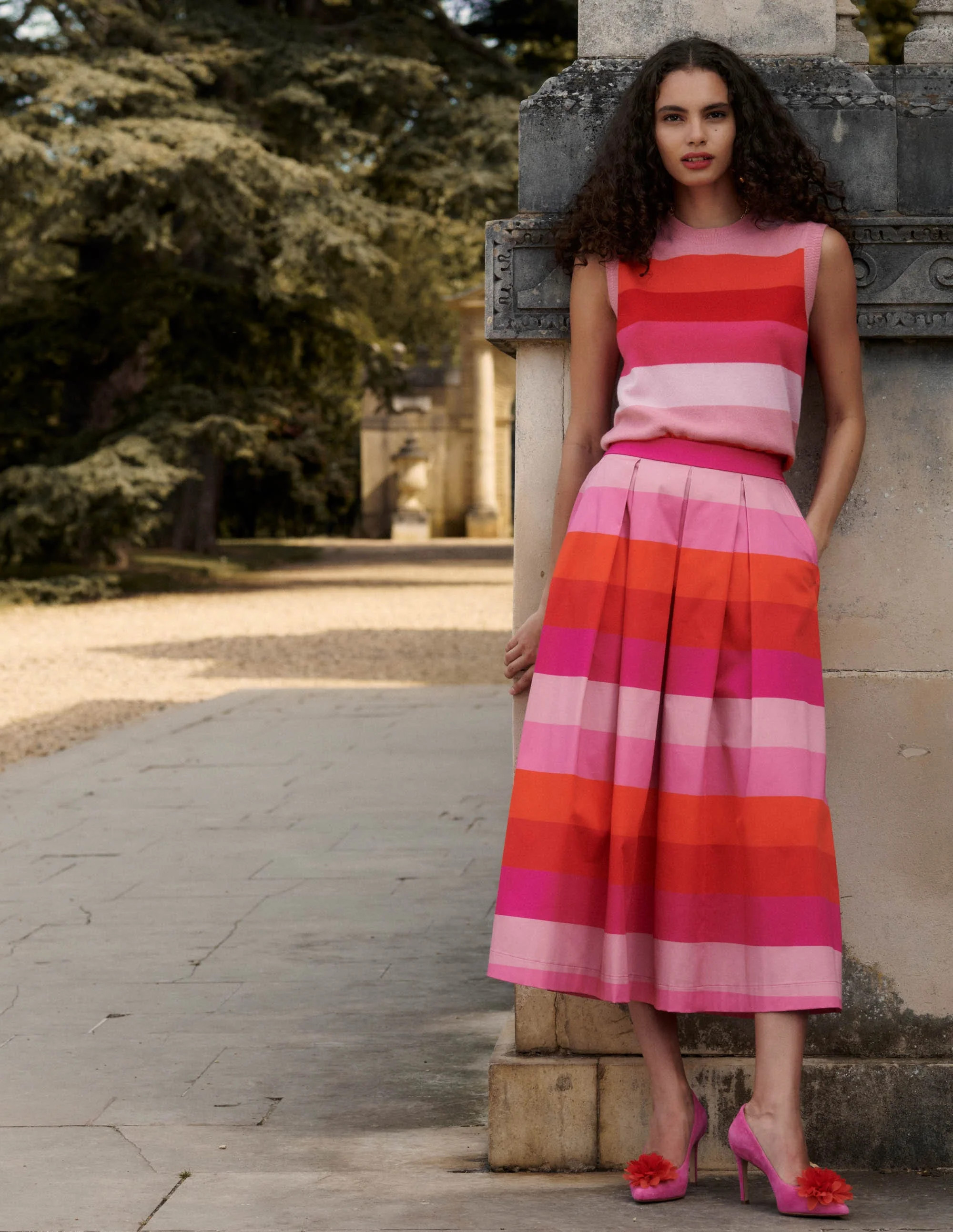 Verity Cotton Midi Skirt-Pink Tonal Multistripe | Boden (US)