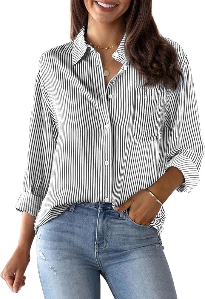 Womens Button Down Shirts Cotton Striped Dress Shirts Long Sleeve Button Up Collared Office Work ... | Amazon (US)