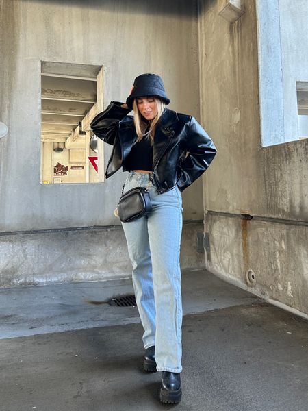 Leather jacket outfit, leather jacket and jeans, Abercrombie curve love relaxed jeans, Beis bucket hat, winter bucket hat, everyday winter outfit, Sherpa bucket hat, Princess Polly leather jacket 

#LTKunder100 #LTKstyletip #LTKSeasonal