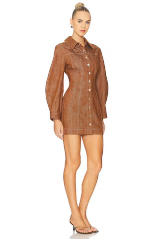 MATTHEW BRUCH Seamed Leg Of Mutton Sleeve Mini Dress in Brown Denim from Revolve.com | Revolve Clothing (Global)