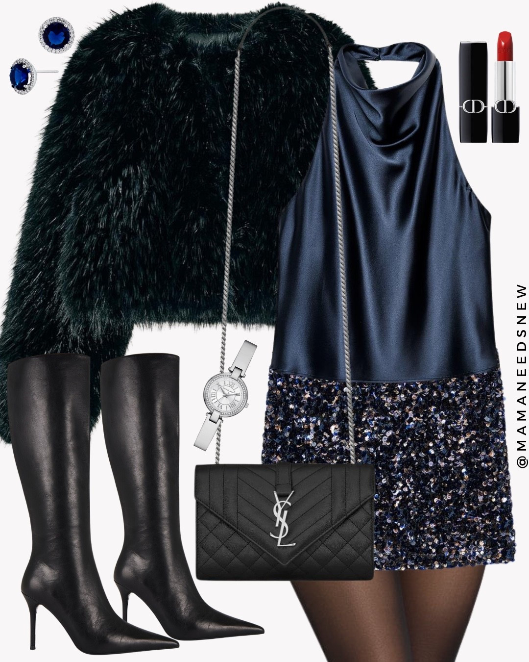 A holiday party with a short faux fur jacket, satin halter top, sequin mini skirt, knee high boots , small shoulder bag 💙

#LTKStyleTip #LTKParties #LTKHoliday
