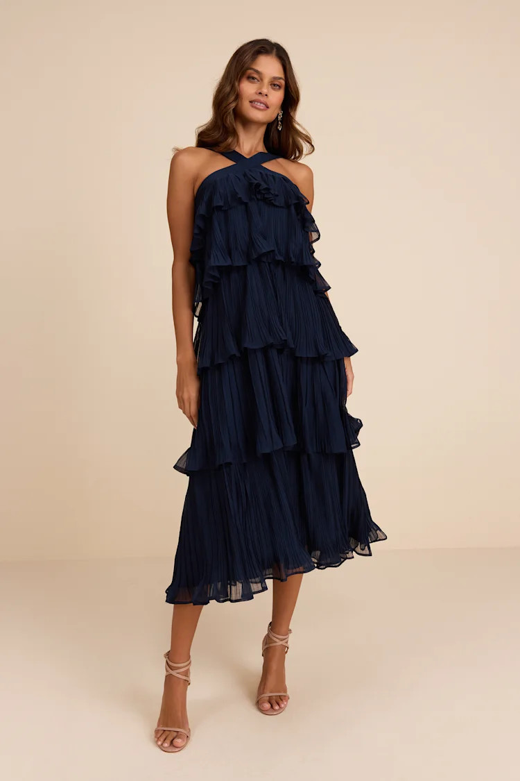 Lauretta Navy Plisse Tiered Midi Dress | Lulus