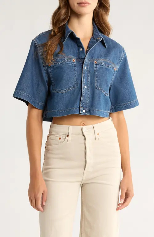 Re/Done Oversize Crop Denim Button-Up Shirt in Rustic Indigo at Nordstrom, Size Small | Nordstrom