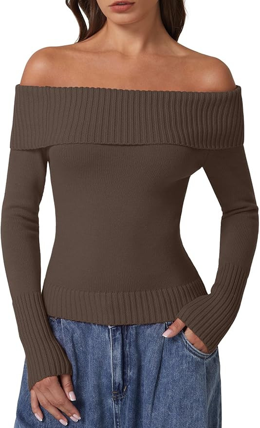 QINSEN Cotton Off The Shoulder Sweater for Women Long Sleeve Ribbed Knit Pullover Sweater Slim Fi... | Amazon (US)