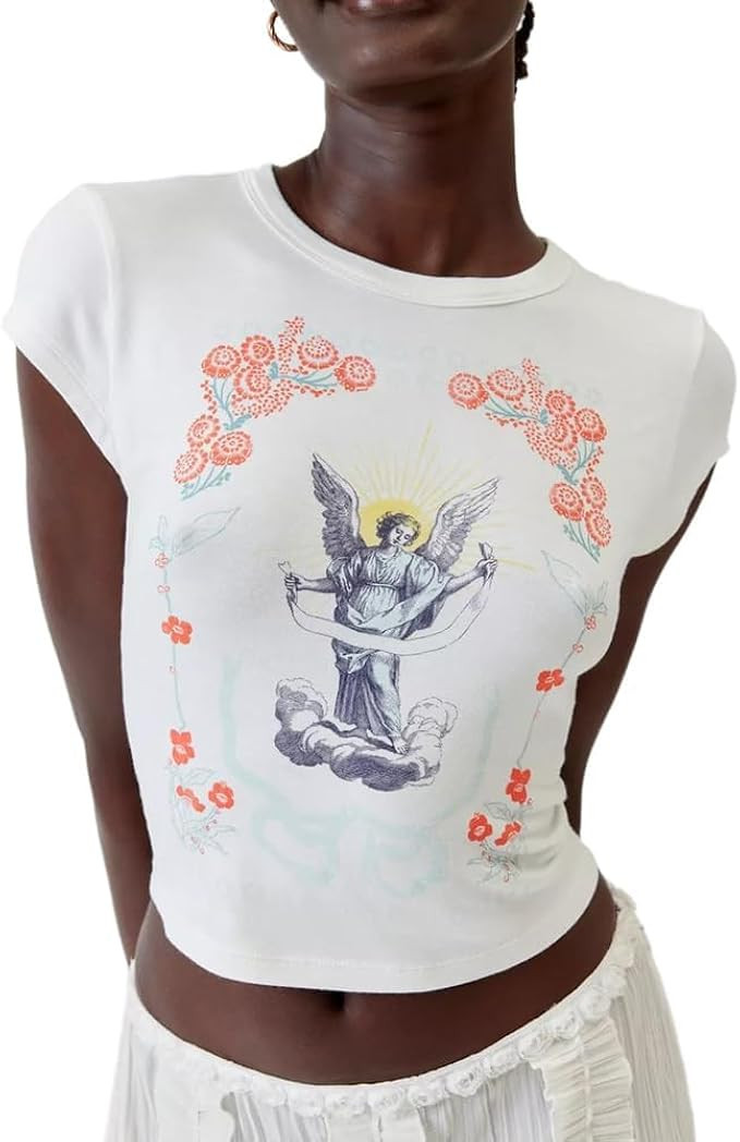 Women Baby Tees Y2K Graphic Print Crop Top Cute Vintage Short Sleeve T-Shirt 90s Slim Fit Cropped... | Amazon (US)